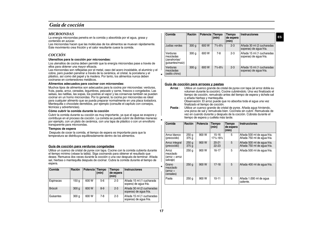 Samsung GE107Y/XEC manual Guía de cocción, Microondas, Cocción 