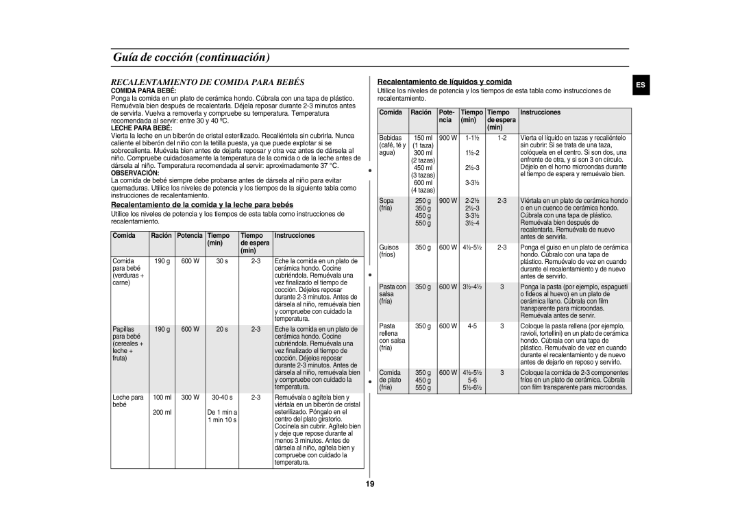 Samsung GE107Y/XEC manual Recalentamiento DE Comida Para Bebés, Recalentamiento de la comida y la leche para bebés 