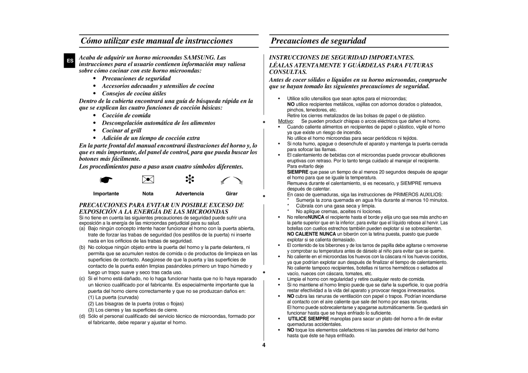 Samsung GE107Y/XEC manual Importante Nota Advertencia, Girar 