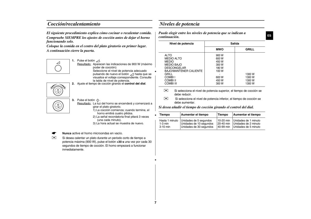 Samsung GE107Y/XEC manual Cocción/recalentamiento, Niveles de potencia, Nivel de potencia Salida, Tiempo Aumentar el tiempo 