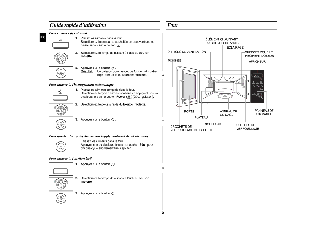 Samsung GE108L-S/XEF manual Guide rapide d’utilisation, Four, Pour cuisiner des aliments, Pour utiliser la fonction Gril 