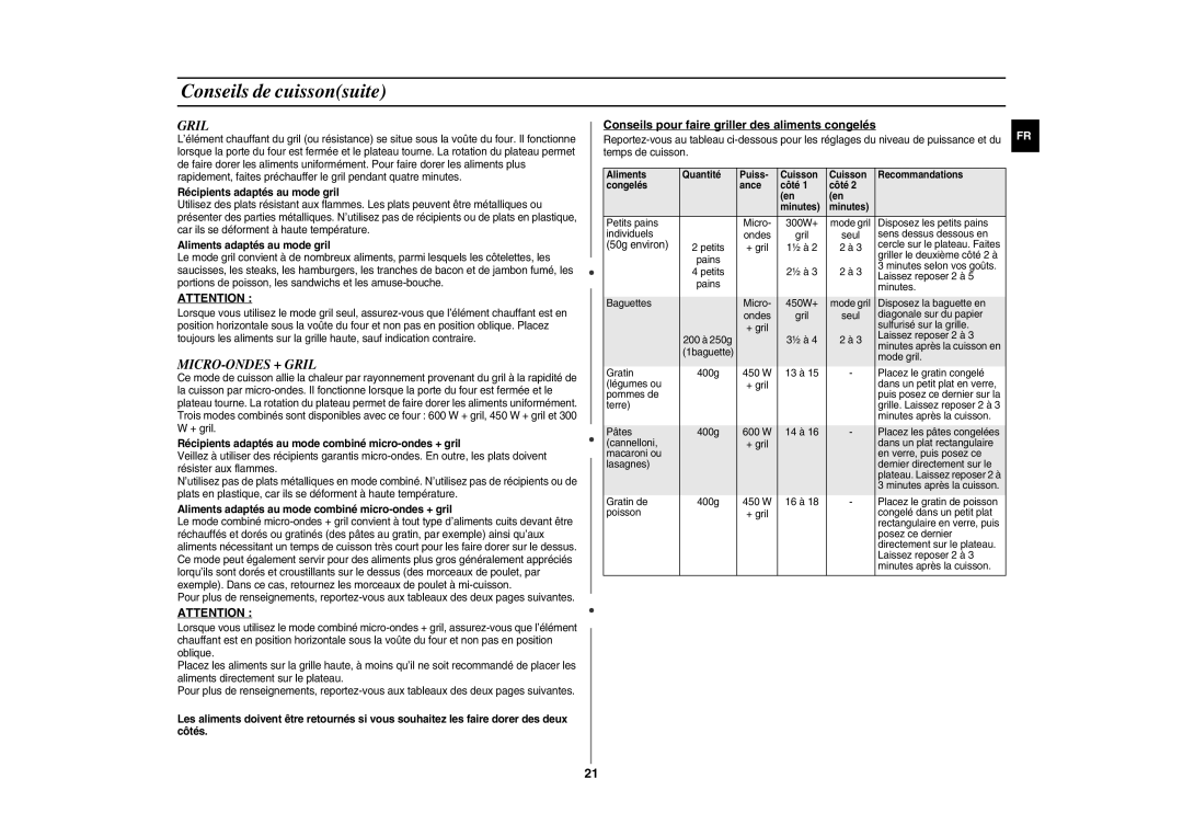 Samsung GE108L-S/XEF manual MICRO-ONDES + Gril, Conseils pour faire griller des aliments congelés 