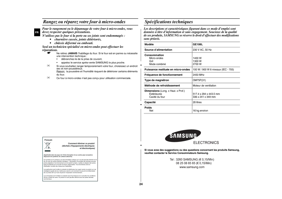 Samsung GE108L-S/XEF manual Rangez ou réparez votre four à micro-ondes, Spécifications techniques 