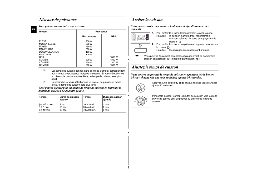 Samsung GE108L-S/XEF manual Niveaux de puissance, Arrêtez la cuisson, Ajustez le temps de cuisson, Puissance 