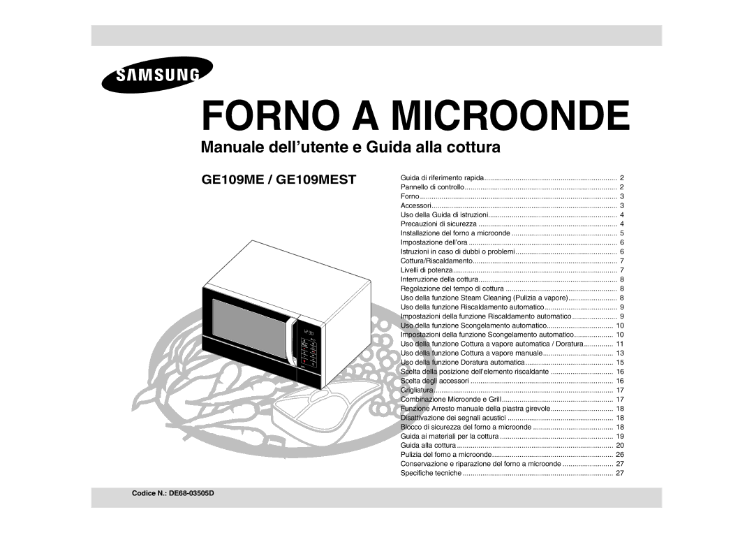 Samsung GE109MEST/XET manual Forno a Microonde, Codice N. DE68-03505D 