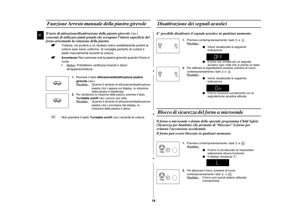 Samsung GE109MEST/XET manual Disattivazione dei segnali acustici, Blocco di sicurezza del forno a microonde 