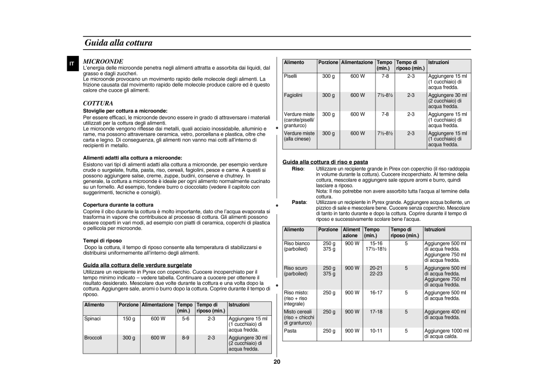 Samsung GE109MEST/XET manual Guida alla cottura, Microonde, Cottura 