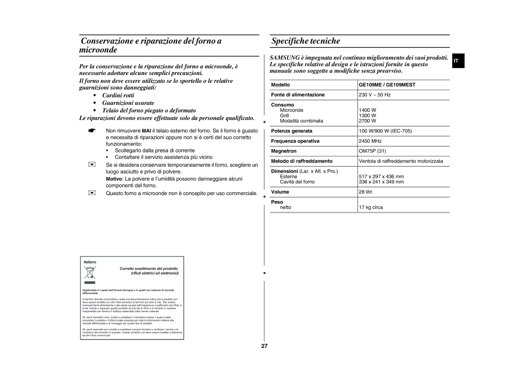 Samsung GE109MEST/XET manual Conservazione e riparazione del forno a microonde, Specifiche tecniche 