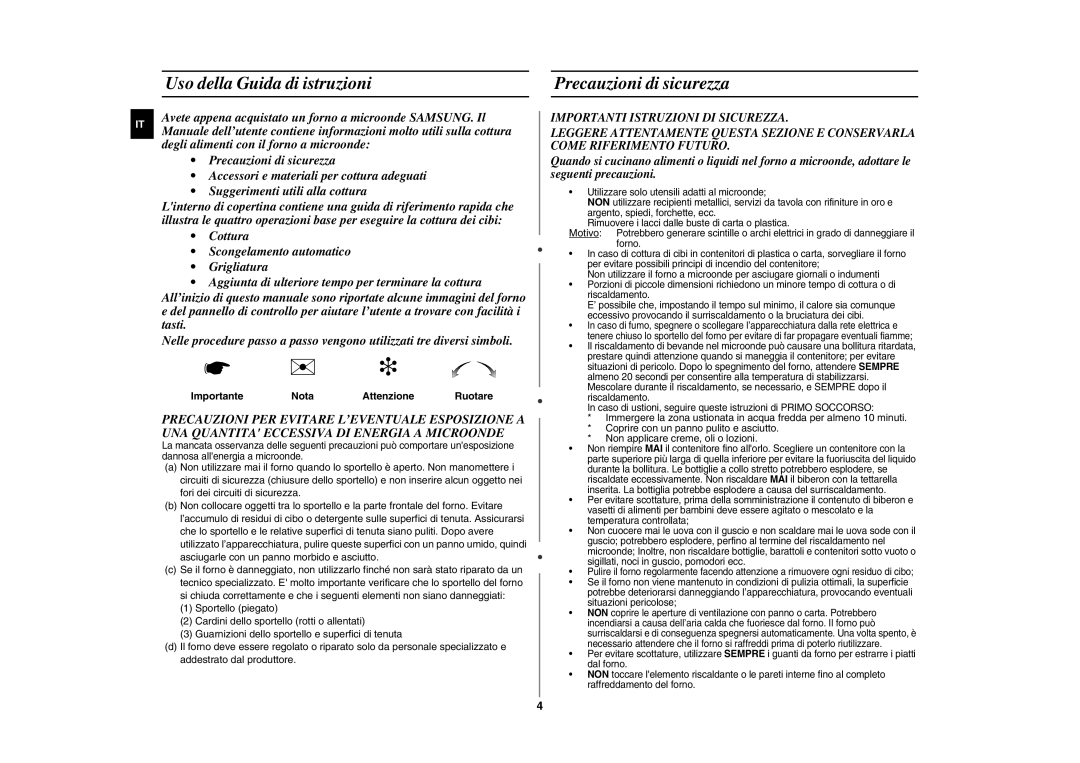 Samsung GE109MEST/XET manual Uso della Guida di istruzioni Precauzioni di sicurezza, Importante Nota Attenzione, Ruotare 