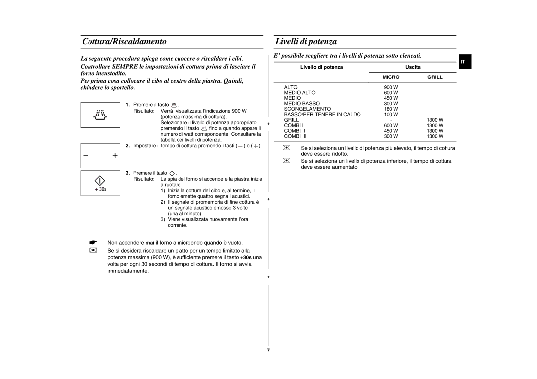 Samsung GE109MEST/XET manual Cottura/Riscaldamento, Livelli di potenza, Livello di potenza Uscita 