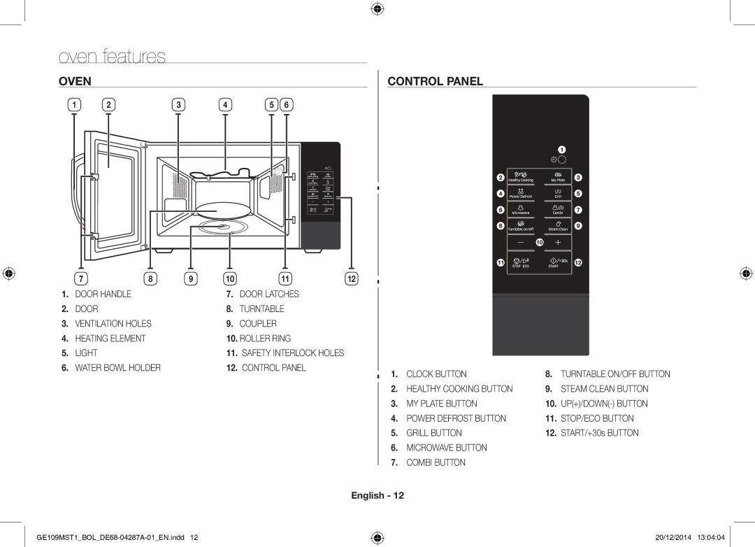 Samsung GE109MST1/BOL manual Oven features, Oven Control Panel 