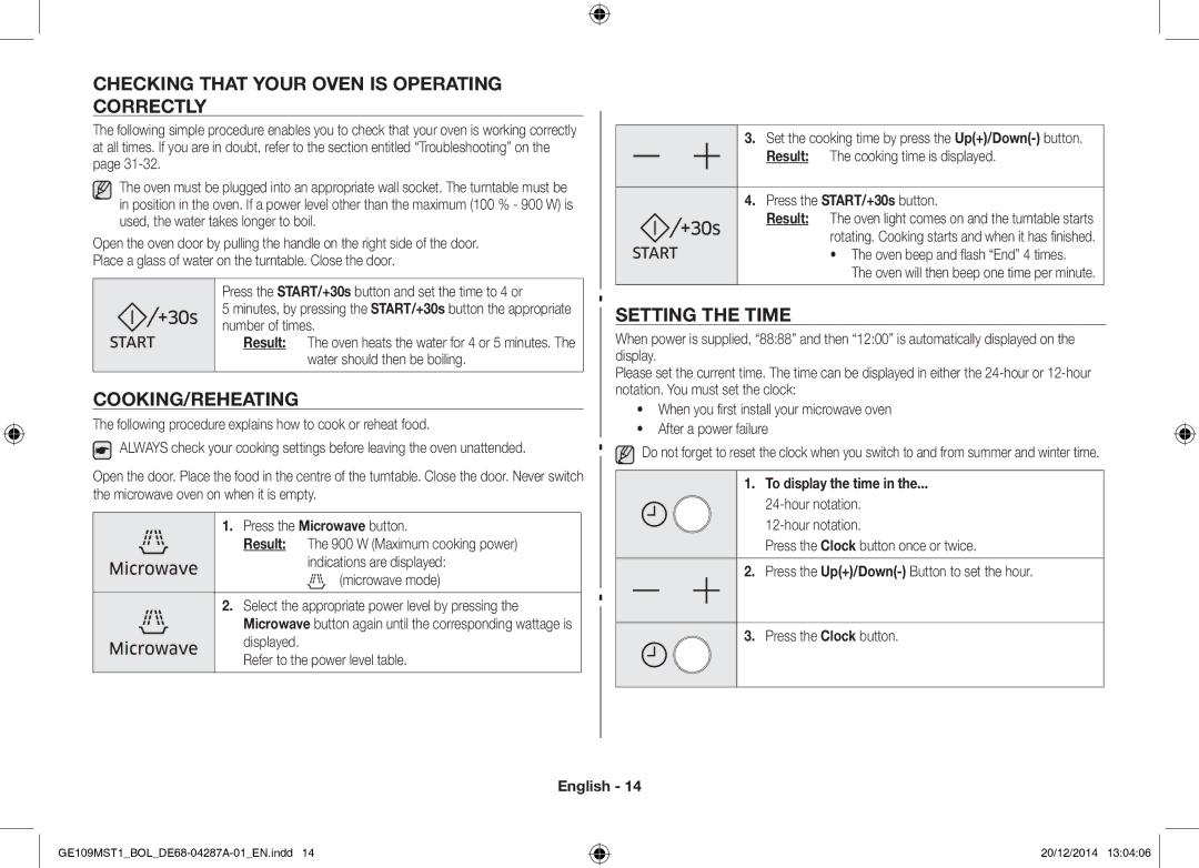 Samsung GE109MST1/BOL manual Checking That Your Oven is Operating Correctly, Cooking/Reheating, Setting the Time 