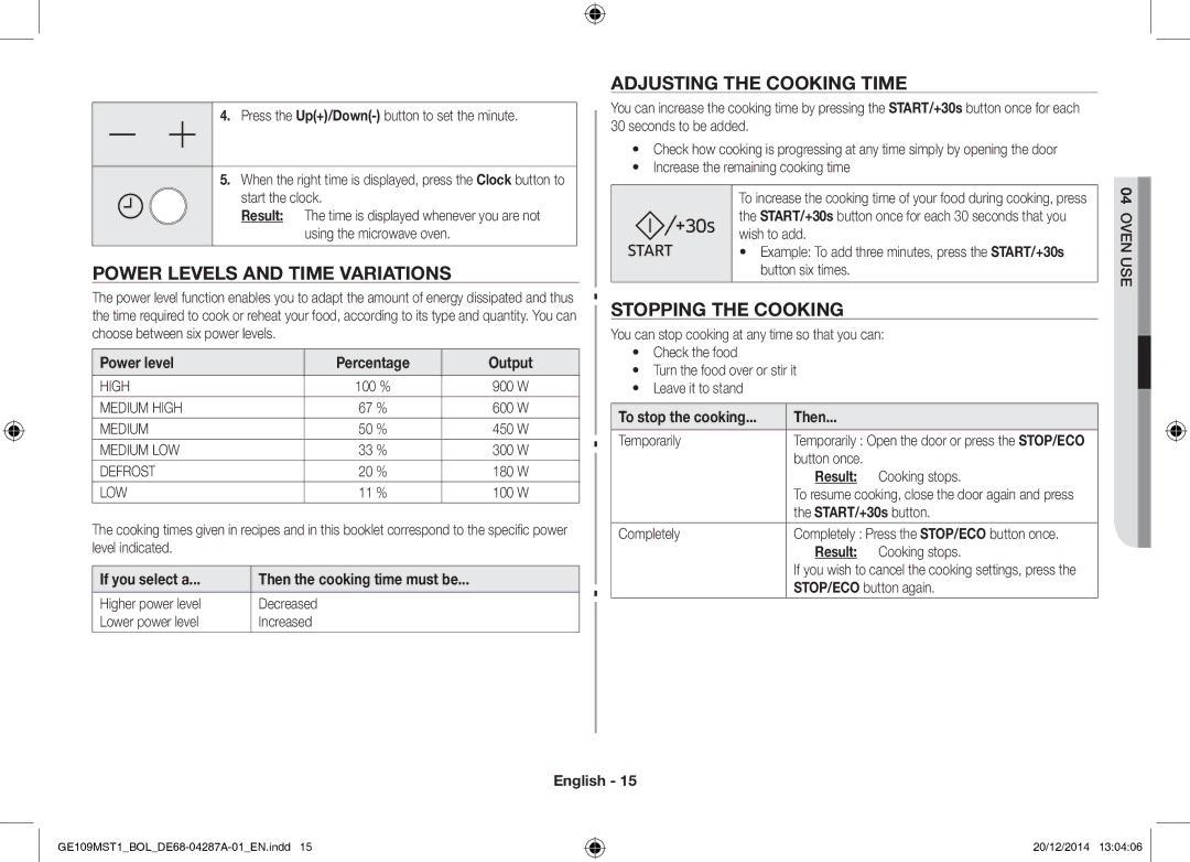 Samsung GE109MST1/BOL manual Power Levels and Time Variations, Adjusting the Cooking Time, Stopping the Cooking 