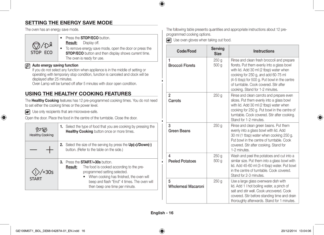 Samsung GE109MST1/BOL manual Setting the Energy Save Mode, Using the Healthy Cooking Features, Auto energy saving function 