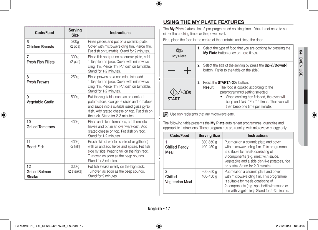 Samsung GE109MST1/BOL manual Using the MY Plate Features, Code/Food 