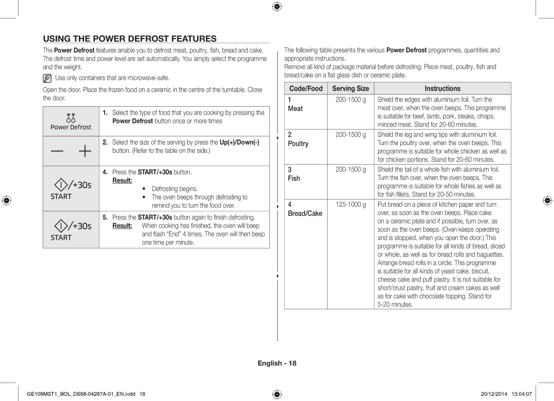 Samsung GE109MST1/BOL manual Using the Power Defrost Features, Code/Food Serving Size 