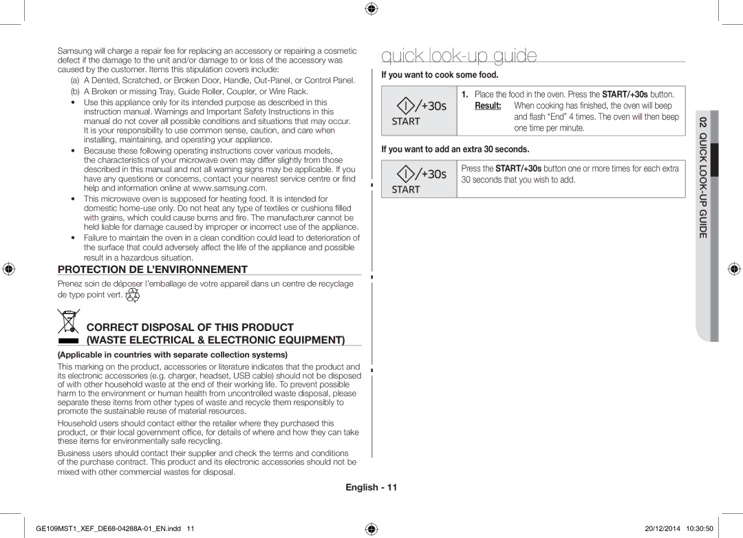 Samsung GE109MST1/XEF manual Quick look-up guide, Protection DE L’ENVIRONNEMENT, If you want to cook some food 