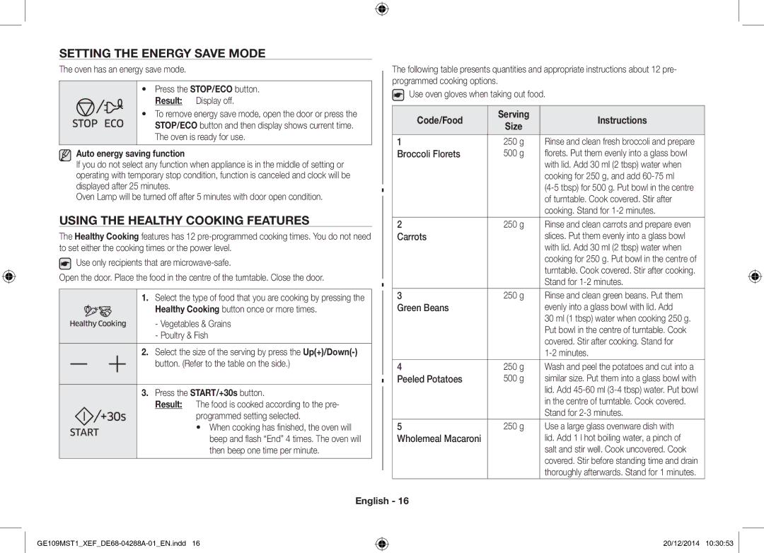 Samsung GE109MST1/XEF manual Setting the Energy Save Mode, Using the Healthy Cooking Features, Auto energy saving function 