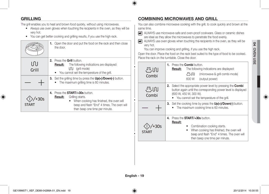 Samsung GE109MST1/XEF manual Grilling, Combining Microwaves and Grill, Maximum grilling time is 60 minutes 