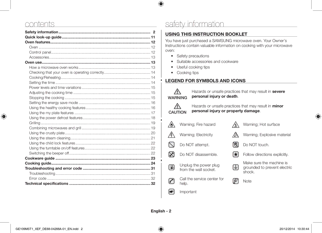 Samsung GE109MST1/XEF manual Safety information, Contents 