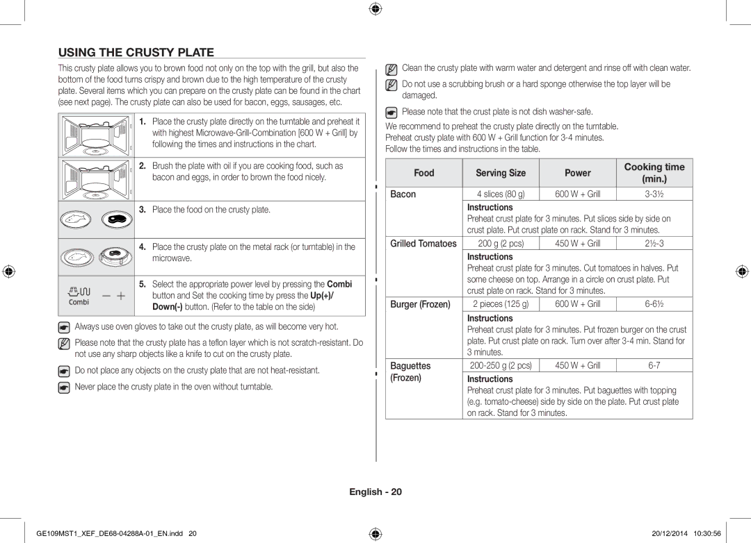 Samsung GE109MST1/XEF manual Using the Crusty Plate, Food Serving Size Power Cooking time 