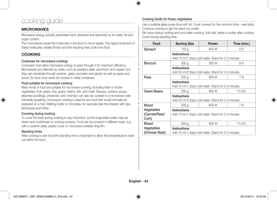 Samsung GE109MST1/XEF manual Cooking guide, Microwaves, Food Serving Size Power Time min 