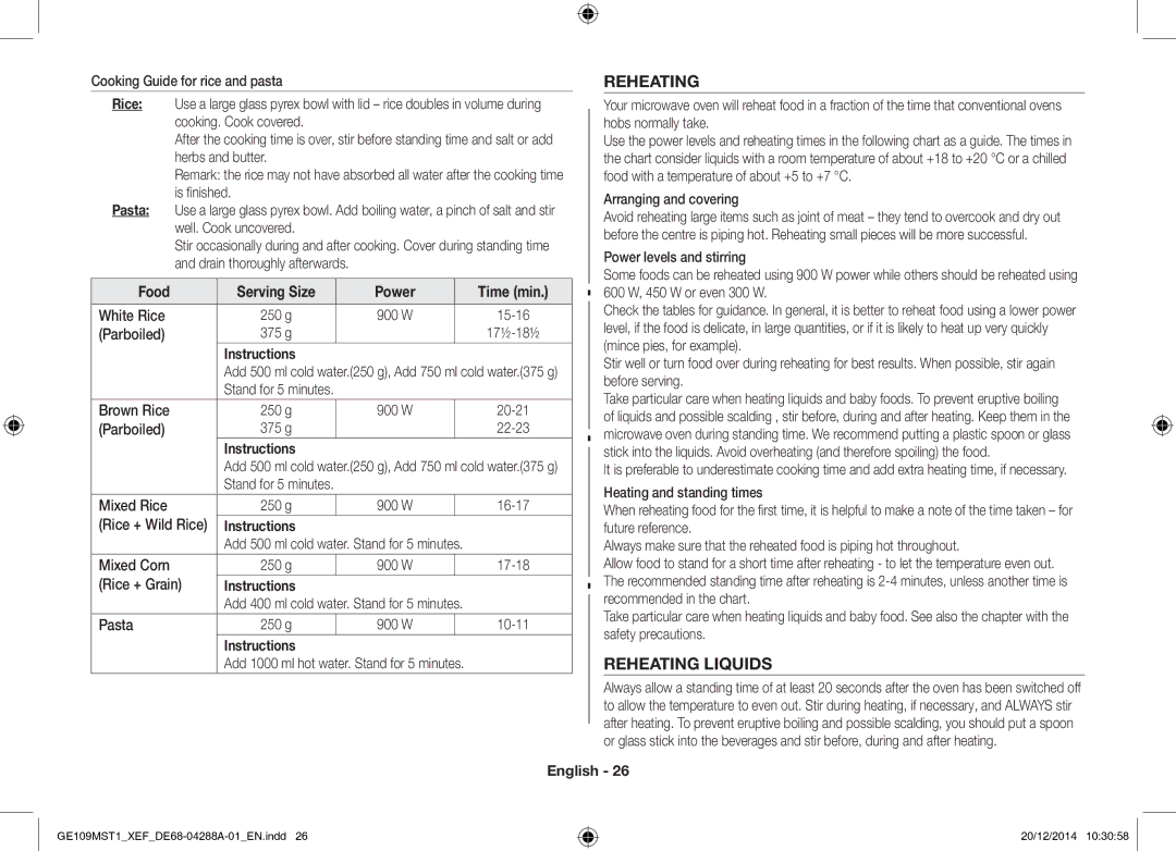 Samsung GE109MST1/XEF manual Reheating Liquids 