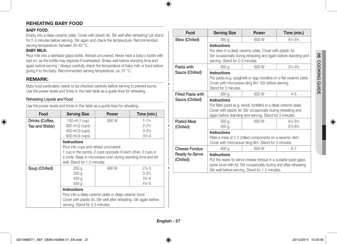 Samsung GE109MST1/XEF manual Reheating Baby Food, Remark 