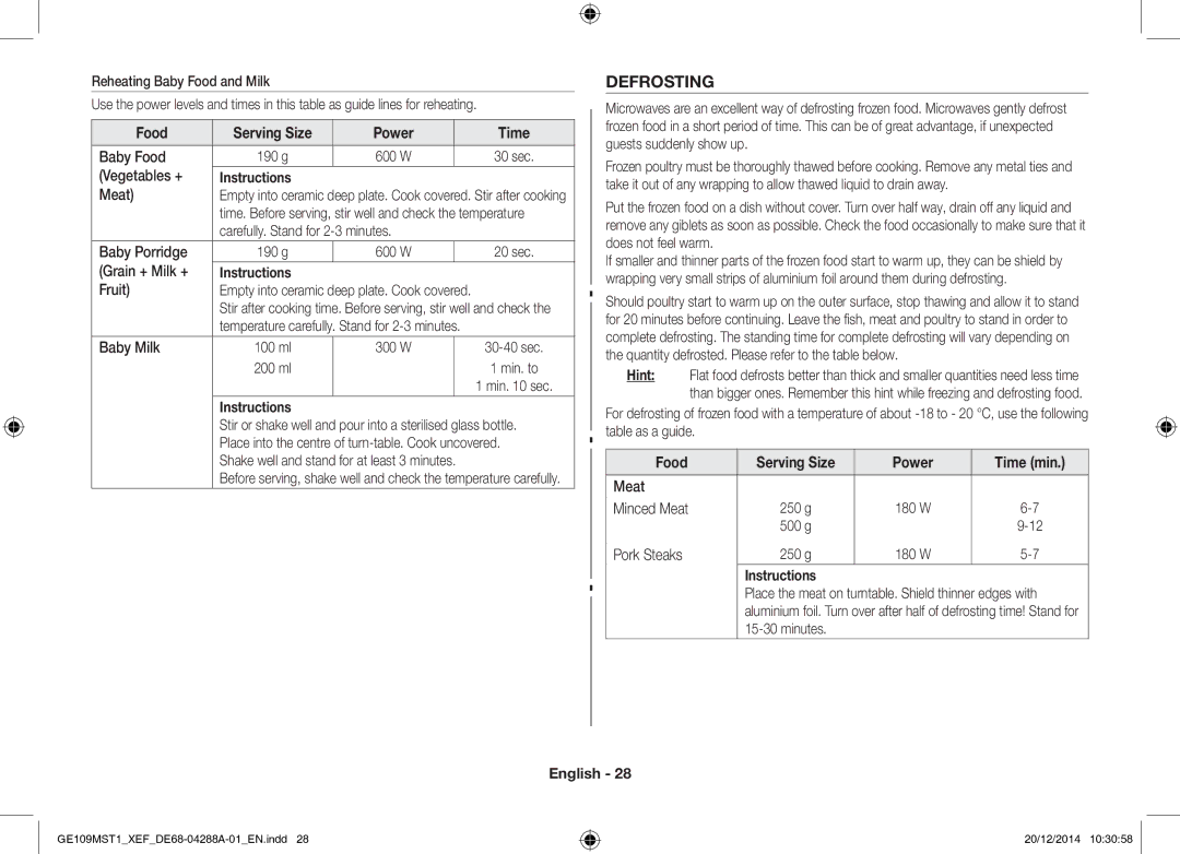 Samsung GE109MST1/XEF manual Defrosting, Food Serving Size Power Time 