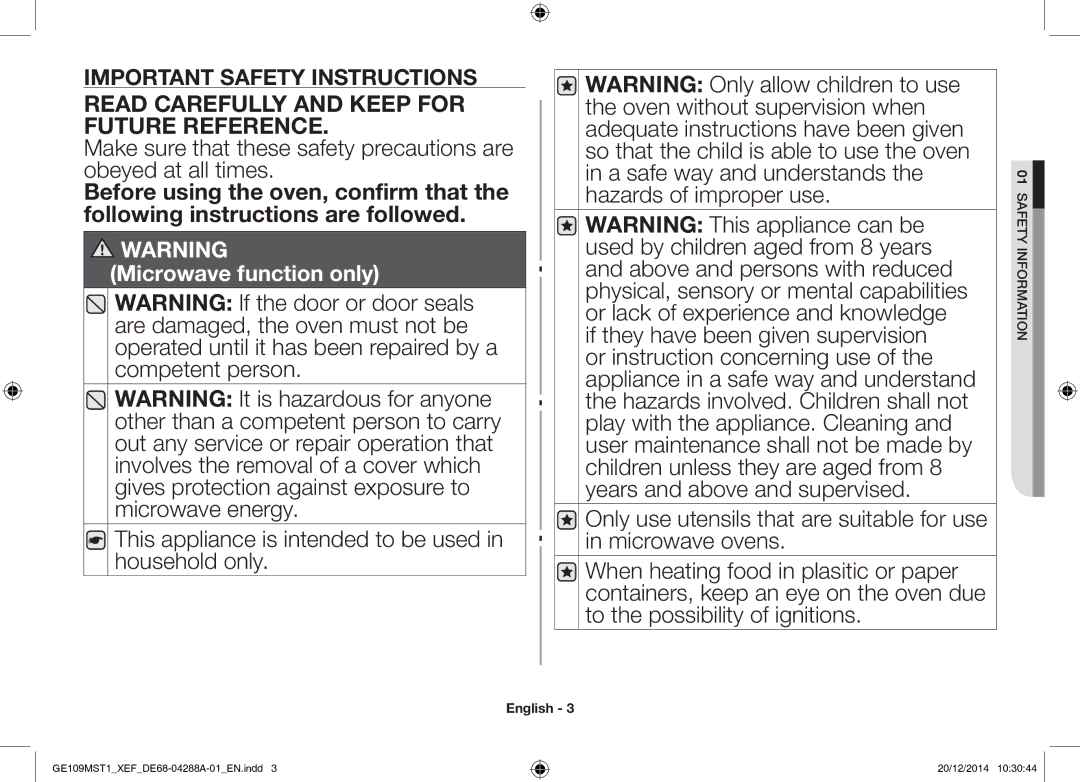 Samsung GE109MST1/XEF manual Read Carefully and Keep for Future Reference 