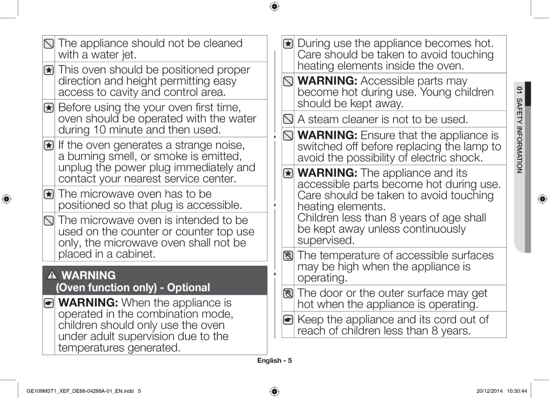 Samsung GE109MST1/XEF manual Appliance should not be cleaned with a water jet 