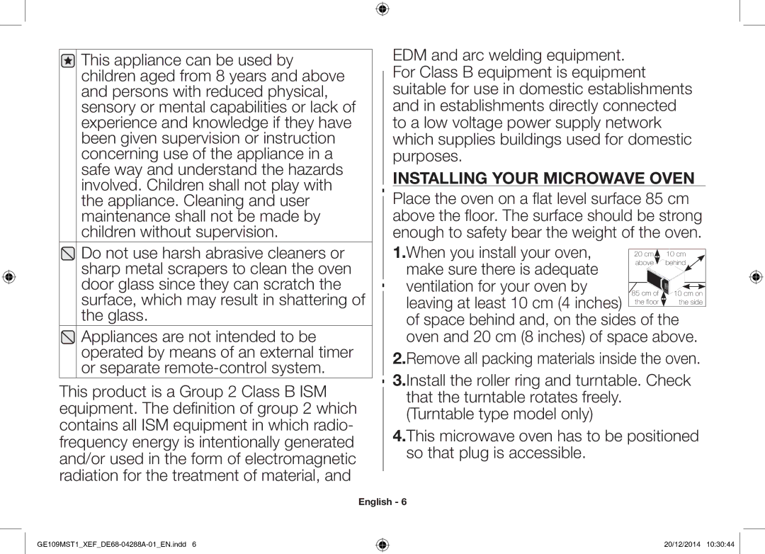 Samsung GE109MST1/XEF manual Installing Your Microwave Oven 