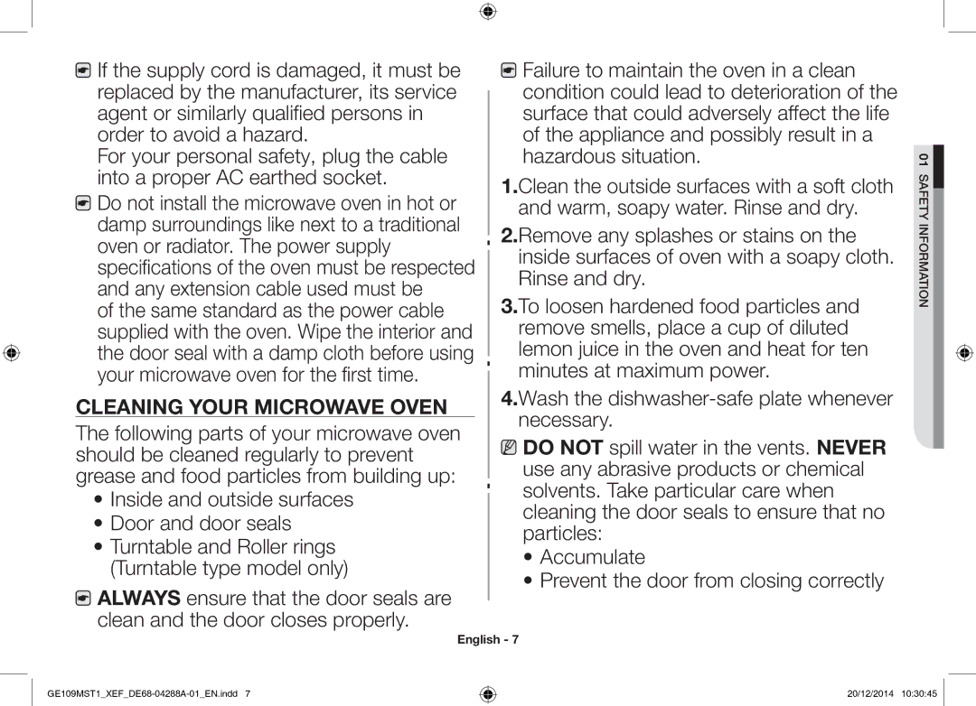 Samsung GE109MST1/XEF manual Cleaning Your Microwave Oven 