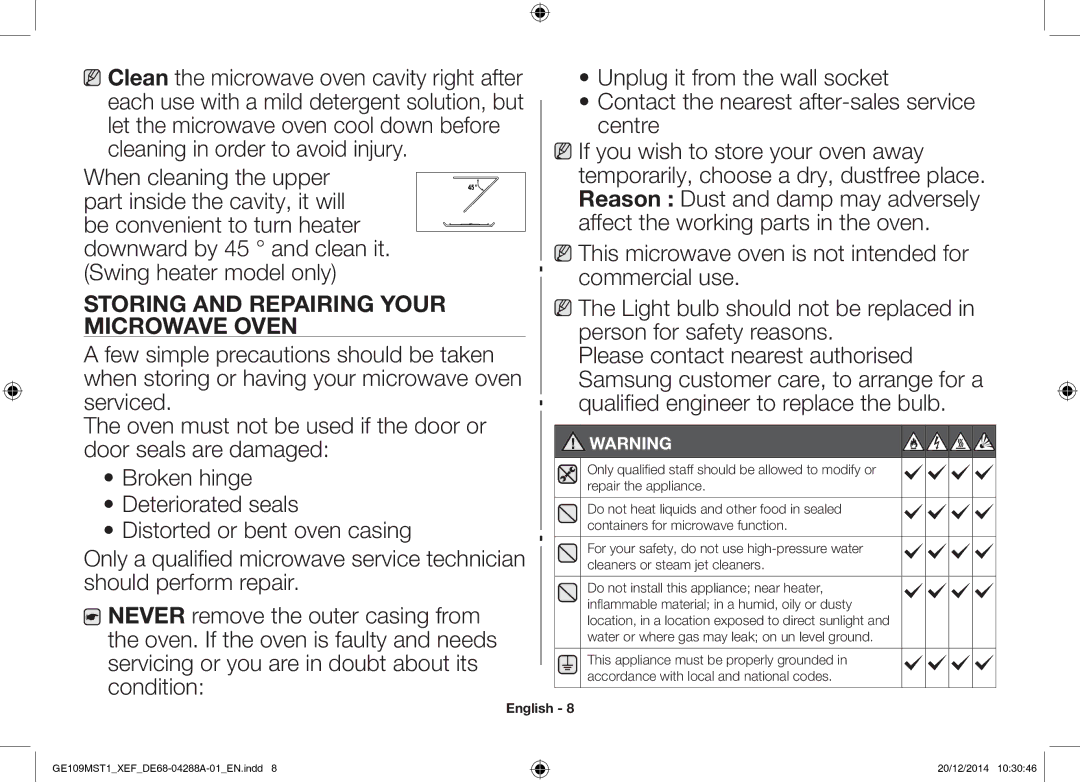 Samsung GE109MST1/XEF manual Storing and Repairing Your Microwave Oven 