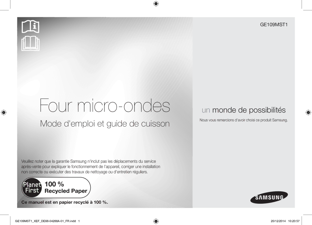 Samsung GE109MST1/XEF manual Four micro-ondes, Nous vous remercions davoir choisi ce produit Samsung 