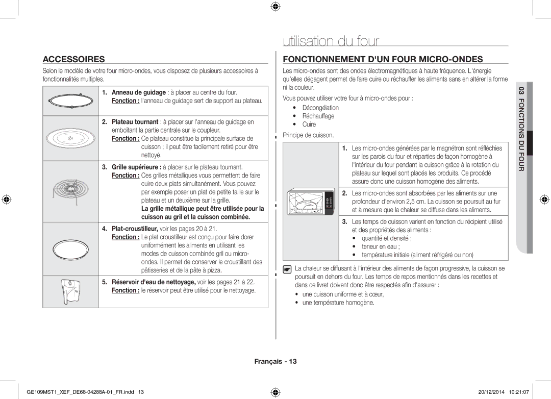 Samsung GE109MST1/XEF manual Utilisation du four, Accessoires, Fonctionnement DUN Four MICRO-ONDES 