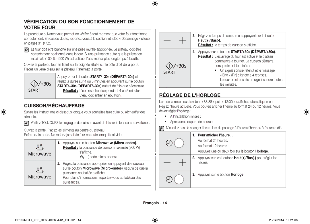 Samsung GE109MST1/XEF manual Vérification DU BON Fonctionnement DE Votre Four, Cuisson/Réchauffage, Réglage DE Lhorloge 