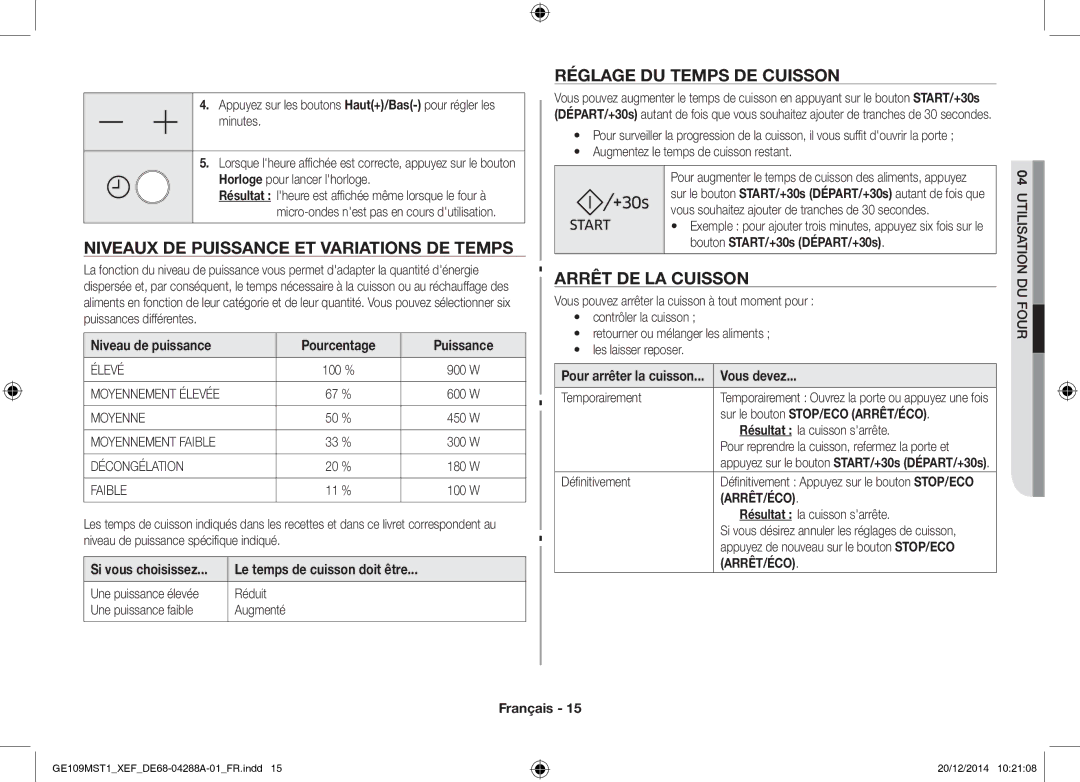 Samsung GE109MST1/XEF manual Niveaux DE Puissance ET Variations DE Temps, Réglage DU Temps DE Cuisson, Arrêt DE LA Cuisson 