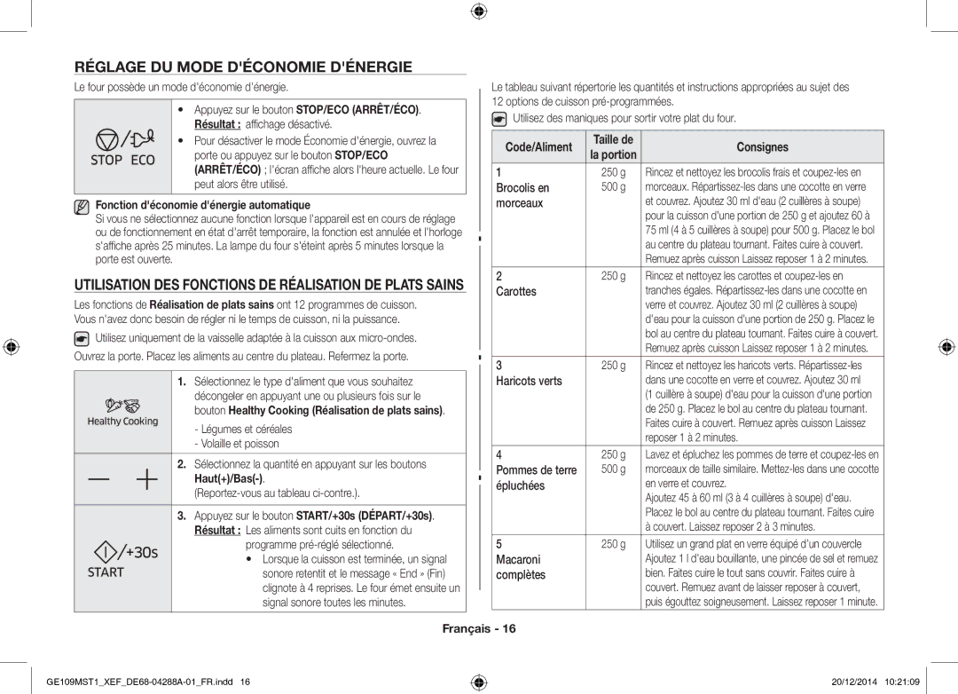 Samsung GE109MST1/XEF manual Réglage DU Mode Déconomie Dénergie, Utilisation DES Fonctions DE Réalisation DE Plats Sains 