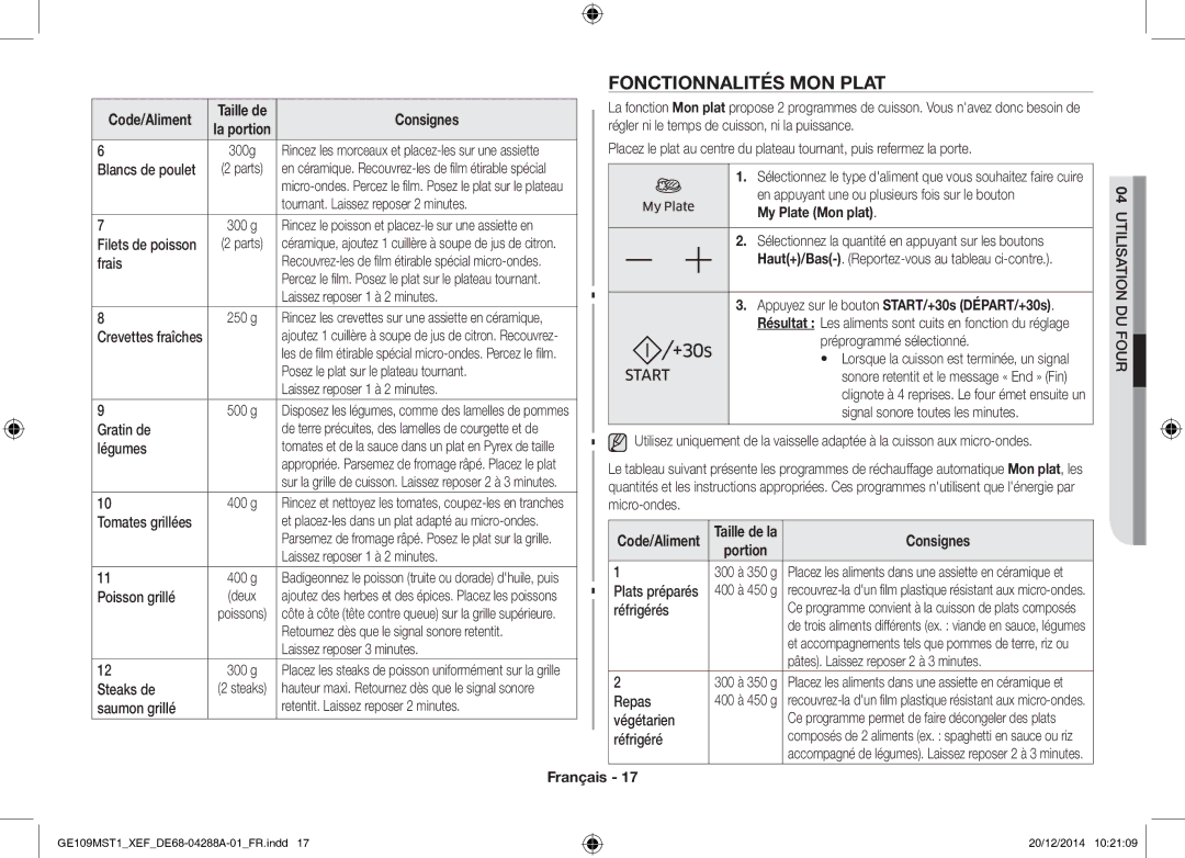 Samsung GE109MST1/XEF manual Fonctionnalités MON Plat, Code/Aliment 