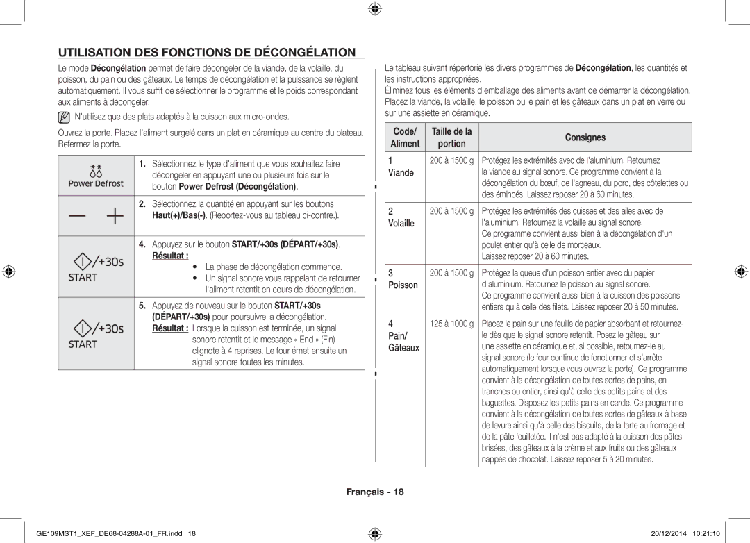 Samsung GE109MST1/XEF Utilisation DES Fonctions DE Décongélation, Appuyez sur le bouton START/+30s DÉPART/+30s Résultat 