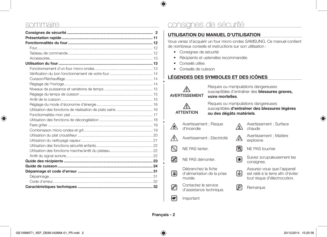 Samsung GE109MST1/XEF Consignes de sécurité, Utilisation DU Manuel D’UTILISATION, Légendes DES Symboles ET DES Icônes 