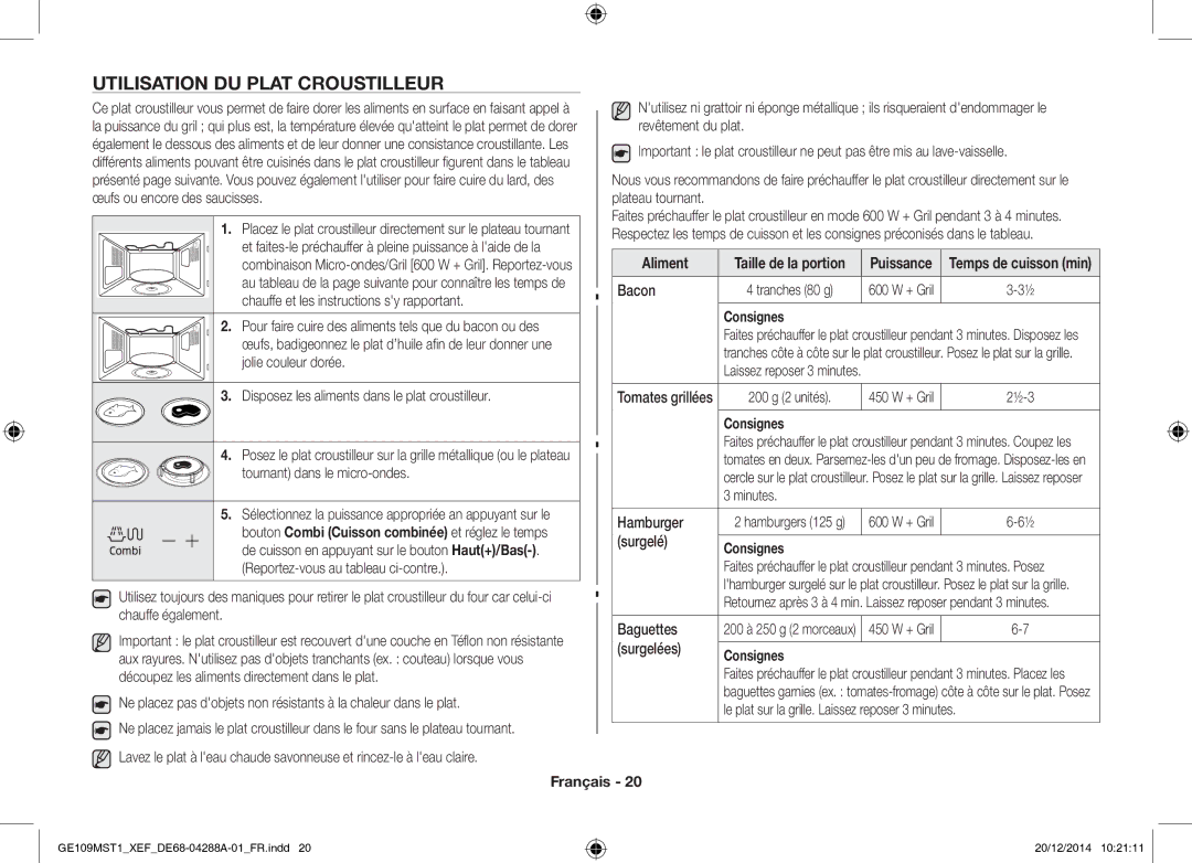 Samsung GE109MST1/XEF manual Utilisation DU Plat Croustilleur, Aliment 