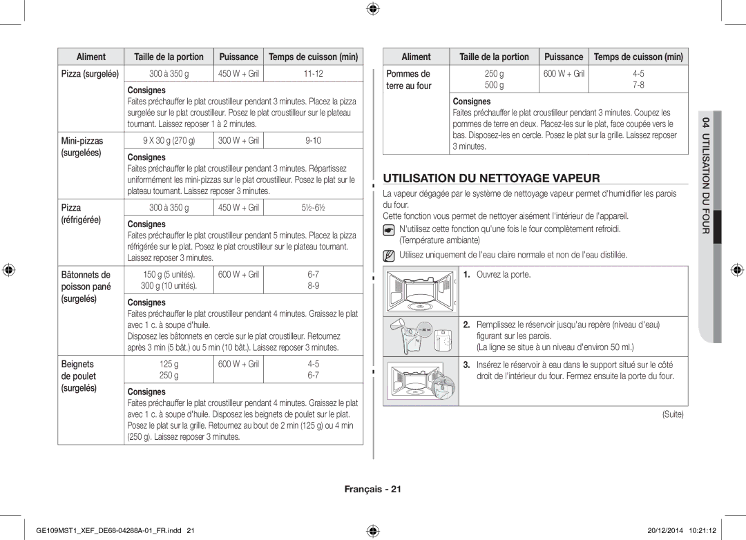 Samsung GE109MST1/XEF manual Utilisation DU Nettoyage Vapeur 