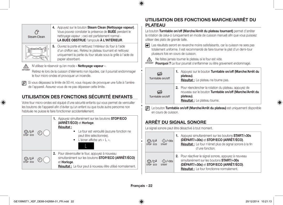 Samsung GE109MST1/XEF manual Utilisation DES Fonctions Sécurité Enfants, Utilisation DES Fonctions MARCHE/ARRÊT DU Plateau 