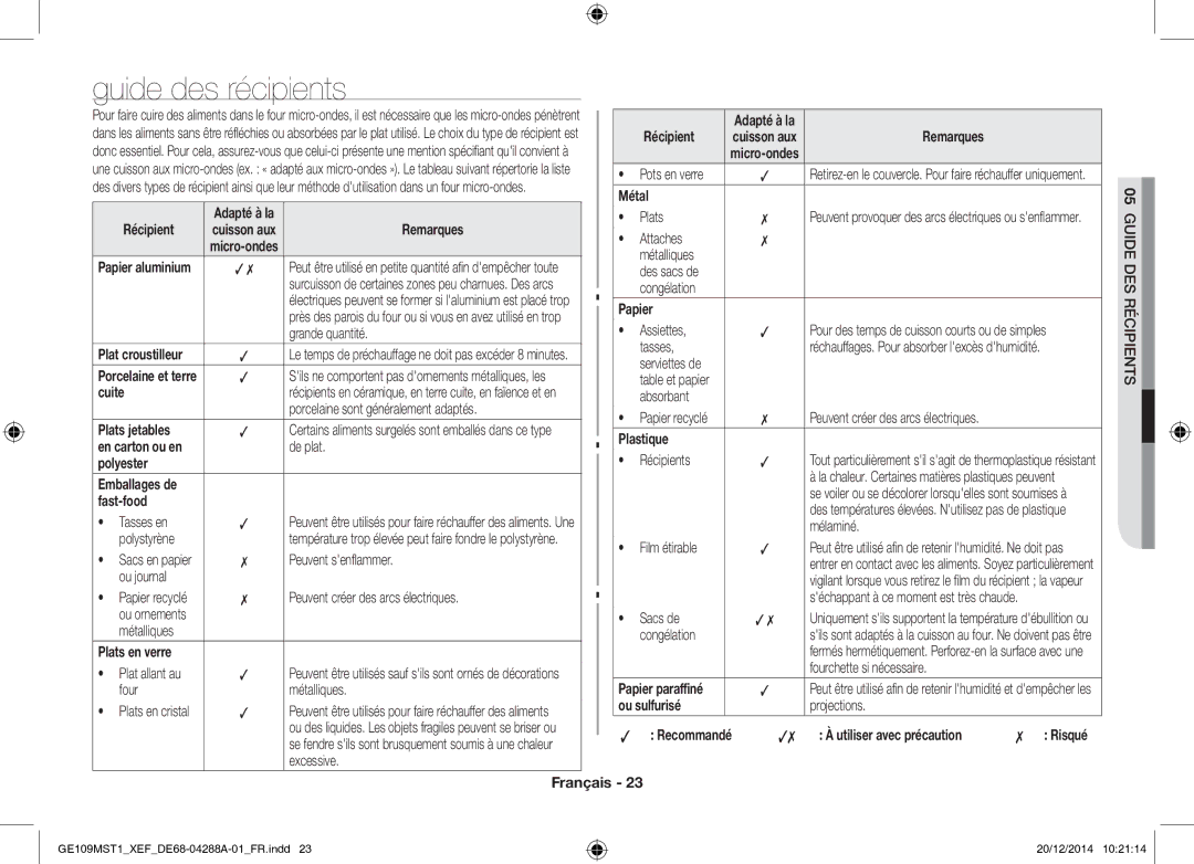 Samsung GE109MST1/XEF manual Guide des récipients 