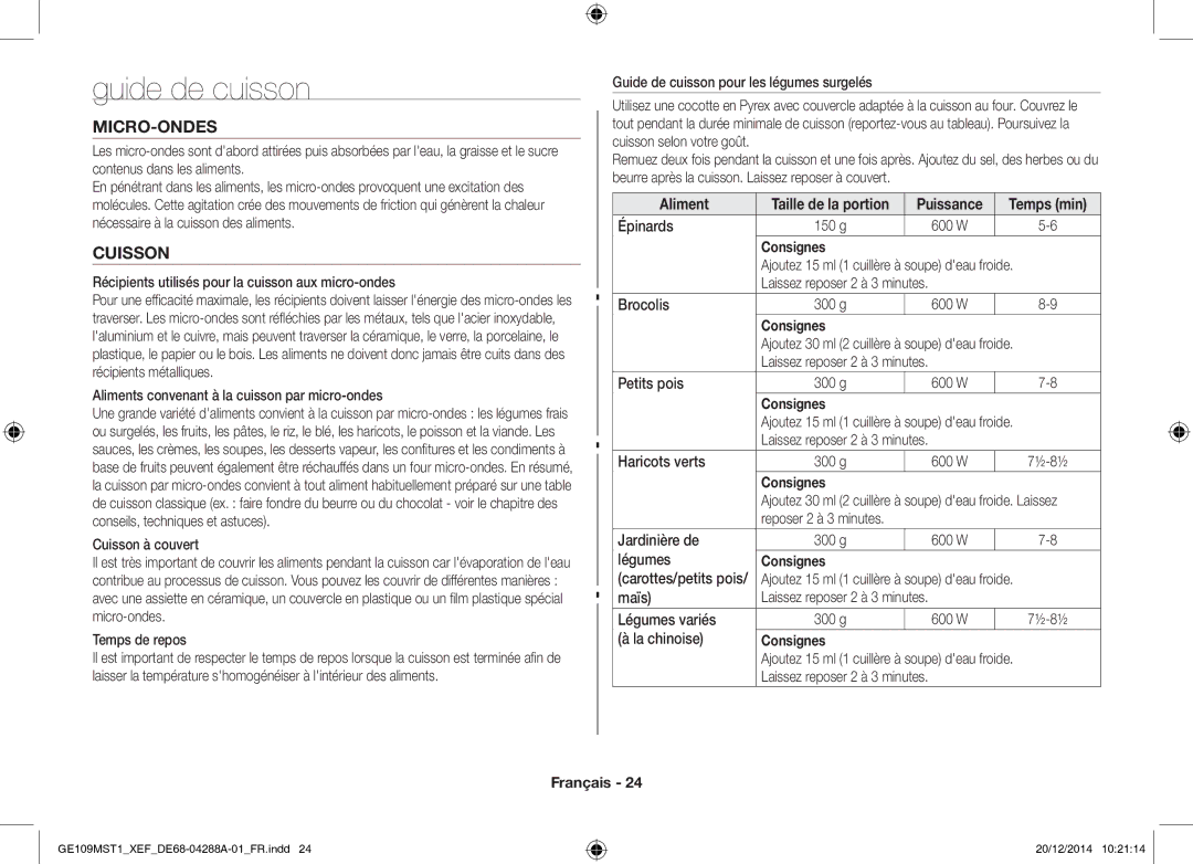 Samsung GE109MST1/XEF manual Guide de cuisson, Micro-Ondes, Cuisson 