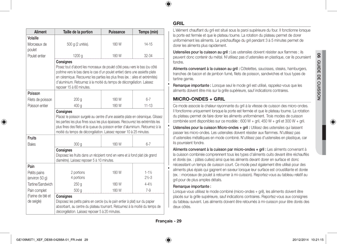 Samsung GE109MST1/XEF manual MICRO-ONDES + Gril 