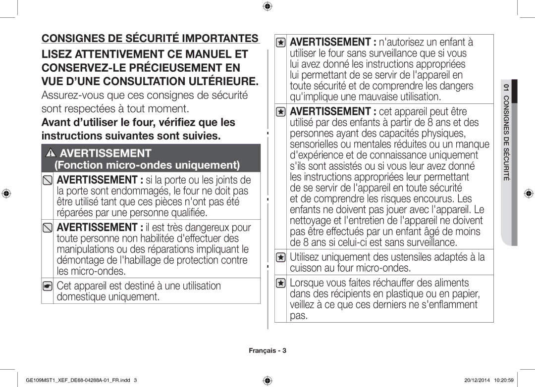 Samsung GE109MST1/XEF manual Avertissement 