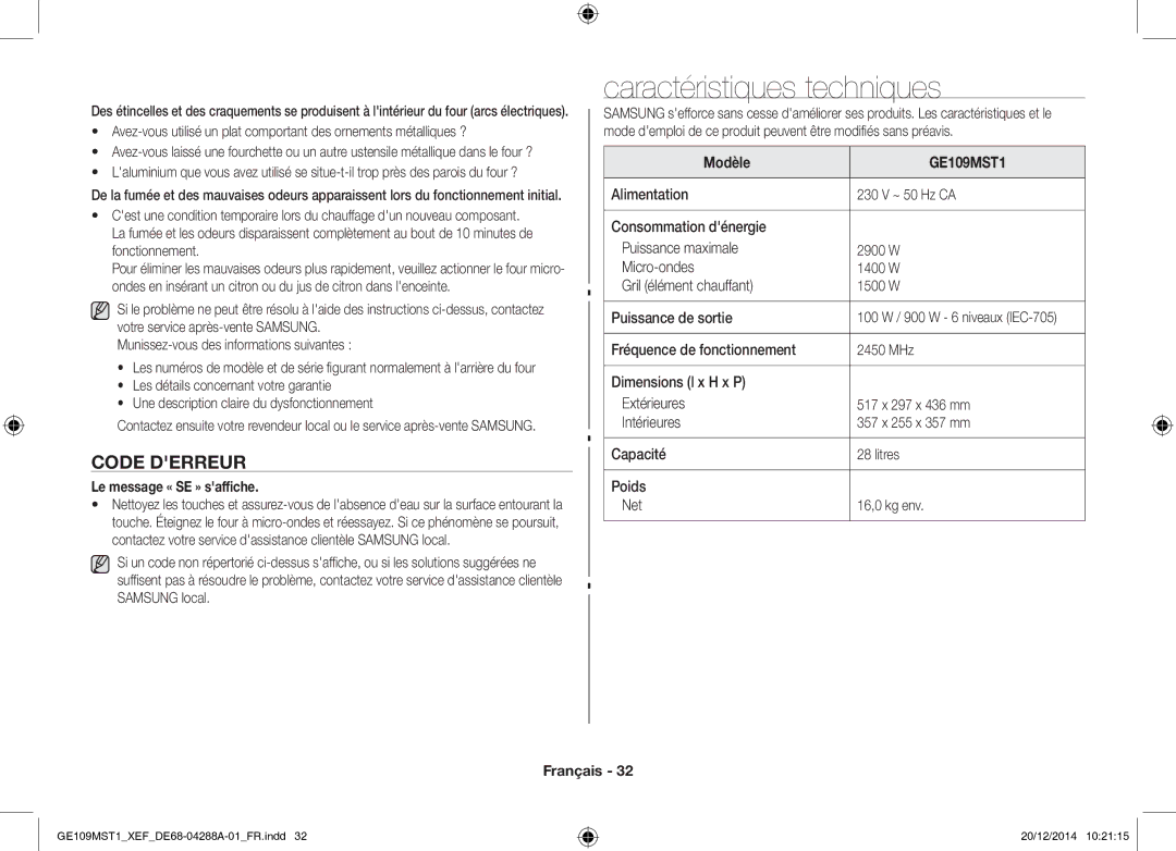 Samsung GE109MST1/XEF manual Caractéristiques techniques, Code Derreur, Le message « SE » saffiche, Modèle 